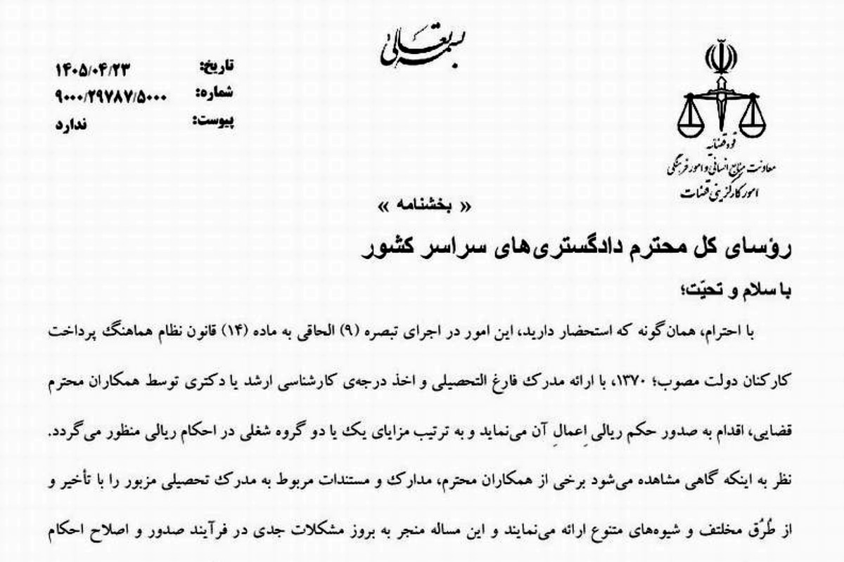 بخشنامه نحوه اعمال مدرک تحصیلی قضات بر اساس تاریخ فارغ التحصیلی و یا زمان ارائه مستندات