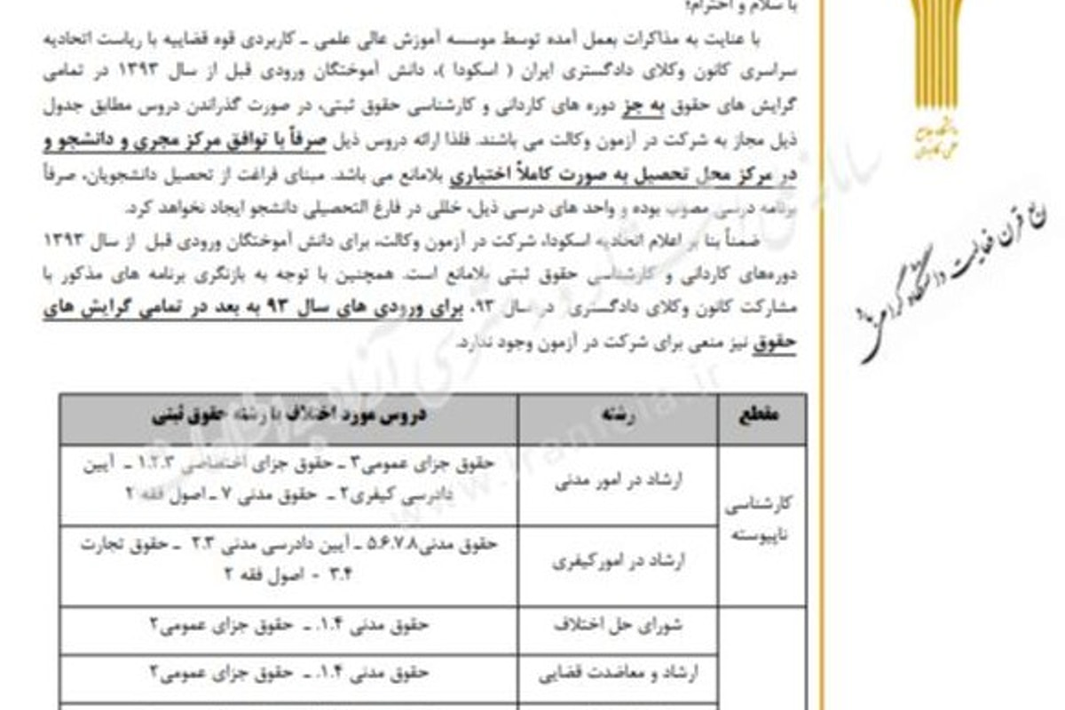 نامه دانشگاه علمی‌کاربردی درباره شرایط تحصیل دانشجویان حقوق برای شرکت در آزمون وکالت
